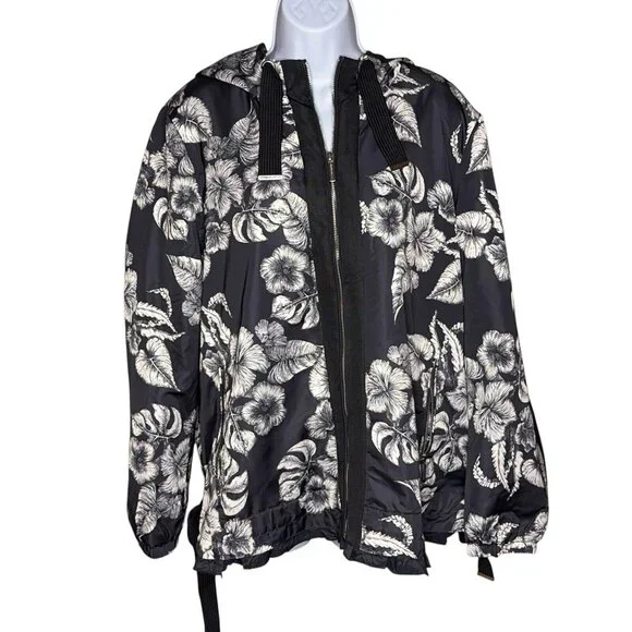 Dennis Basso Jacket Printed Floral Black White Water Resistant Hooded Ruffle Lg - Picture 2 of 16